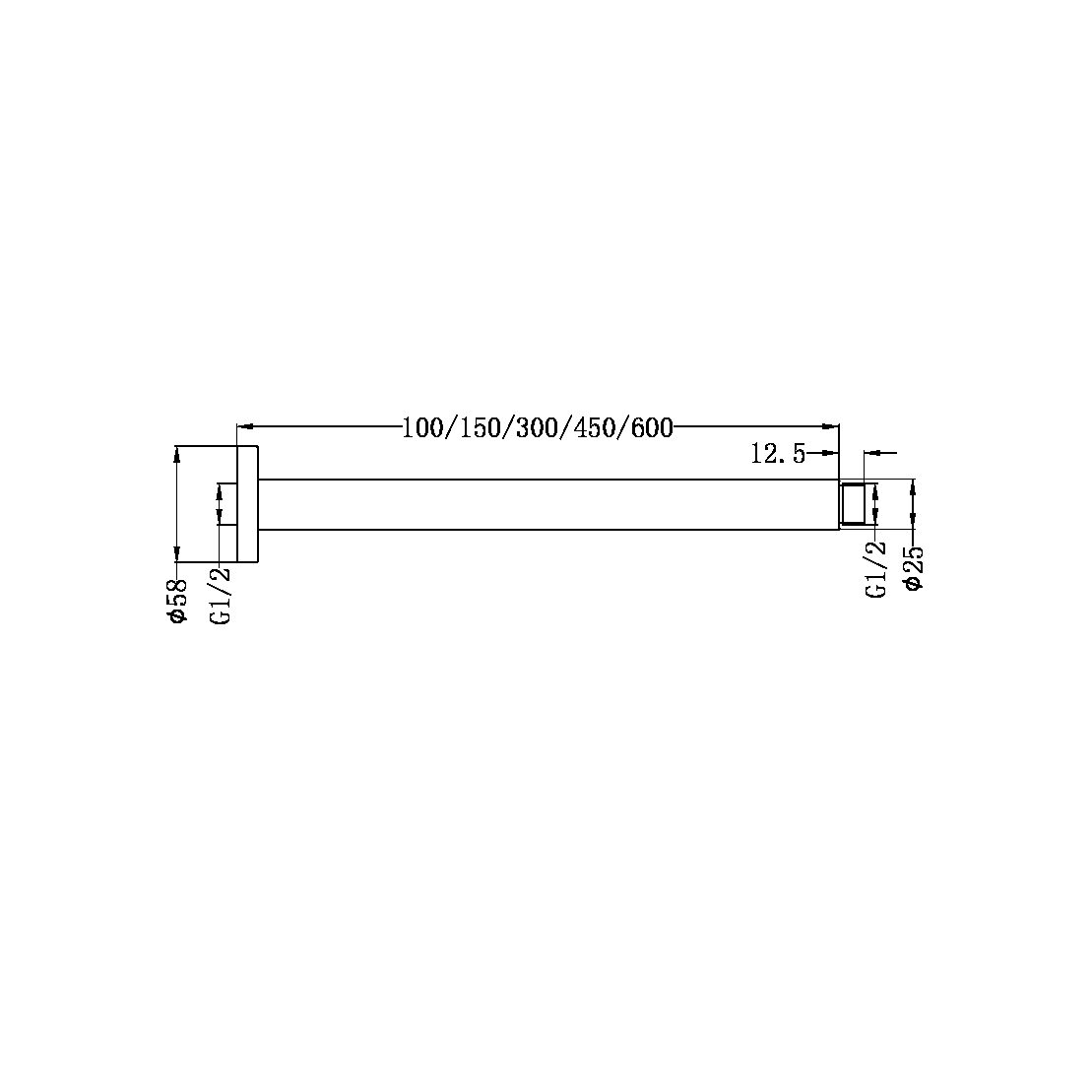 ROUND CEILING ARM 100/150/300/450/600MM LENGTH CHROME CHROME