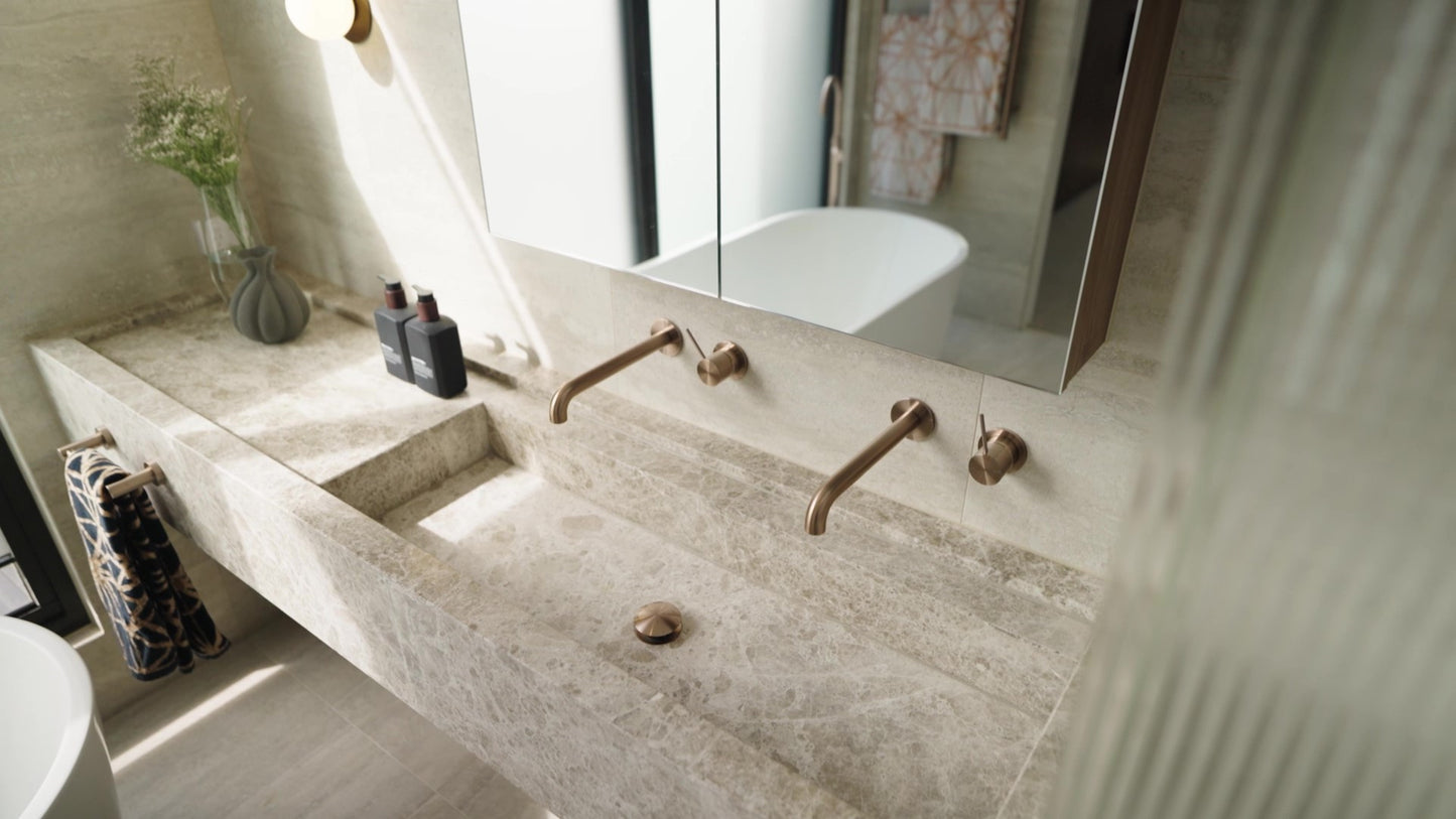 MECCA WALL BASIN/BATH MIXER SEPARATE BACK PLATE HANDLE UP 120/160/185/230/260MM BRUSHED BRONZE