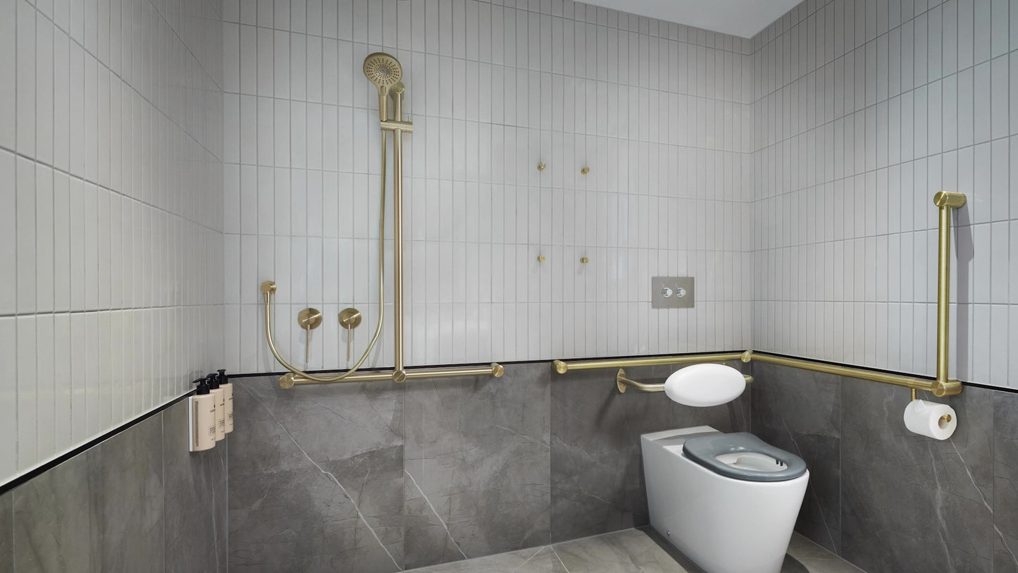 MECCA CARE 32MM DDA ACCESSIBLE TOILET GRAB RAIL SET 90 DEGREE CONTINUOUS 600X1065X1025MM BRUSHED GOLD