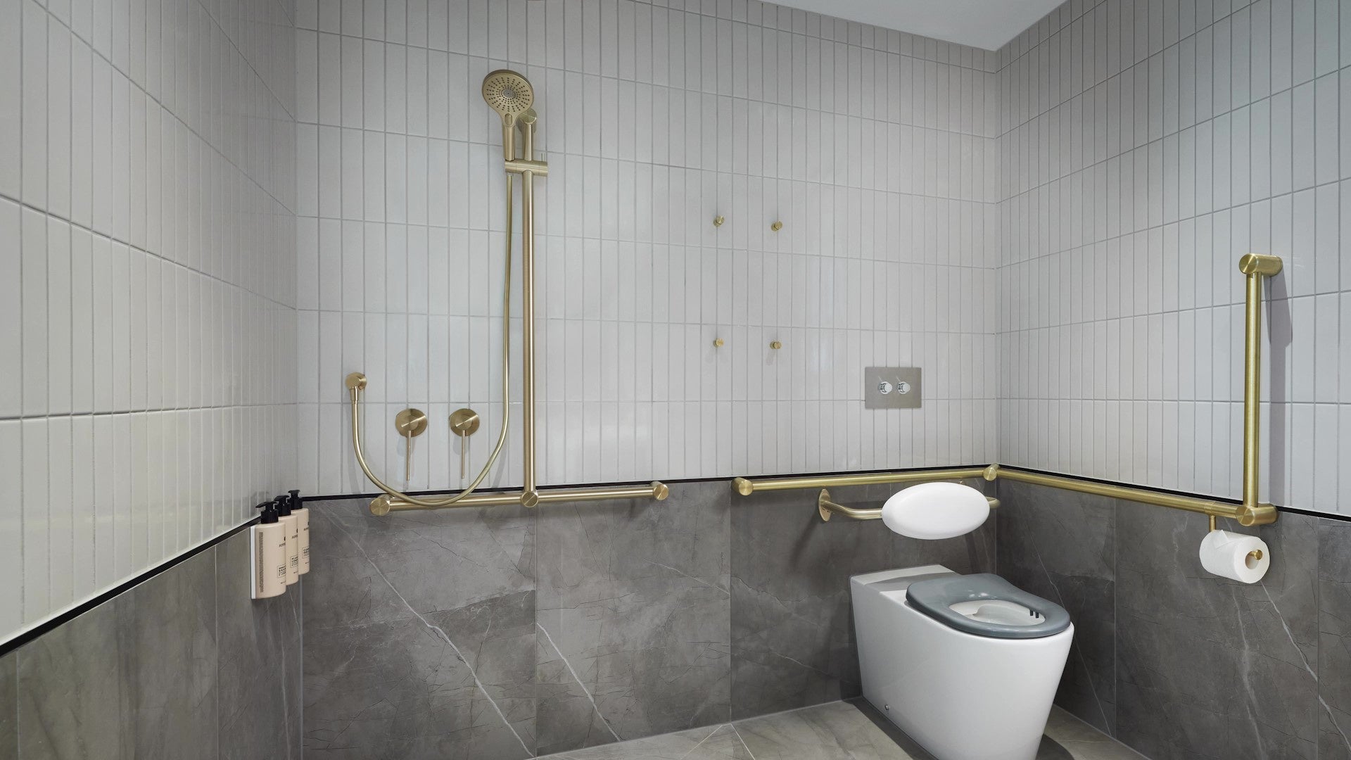 MECCA CARE 32MM DDA ACCESSIBLE TOILET GRAB RAIL SET 90 DEGREE CONTINUOUS 600X1065X1025MM BRUSHED GOLD