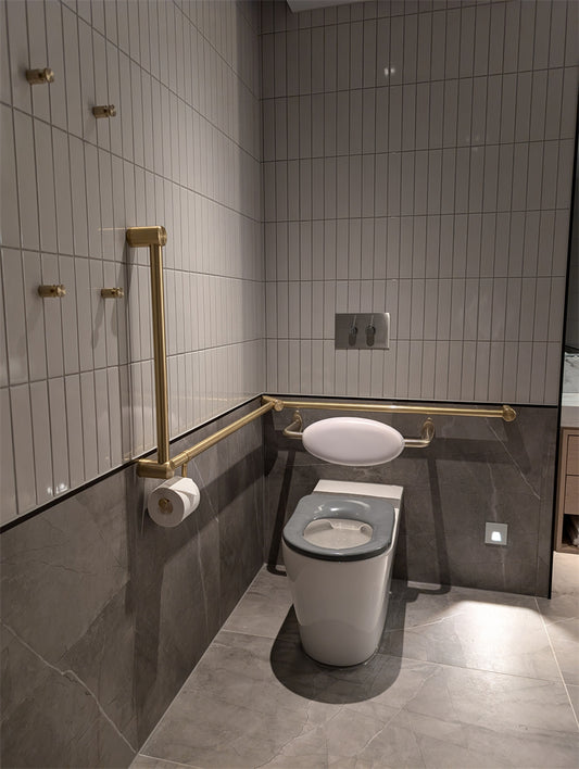 MECCA CARE 32MM DDA ACCESSIBLE TOILET GRAB RAIL SET 90 DEGREE CONTINUOUS 600X1065X1025MM BRUSHED GOLD