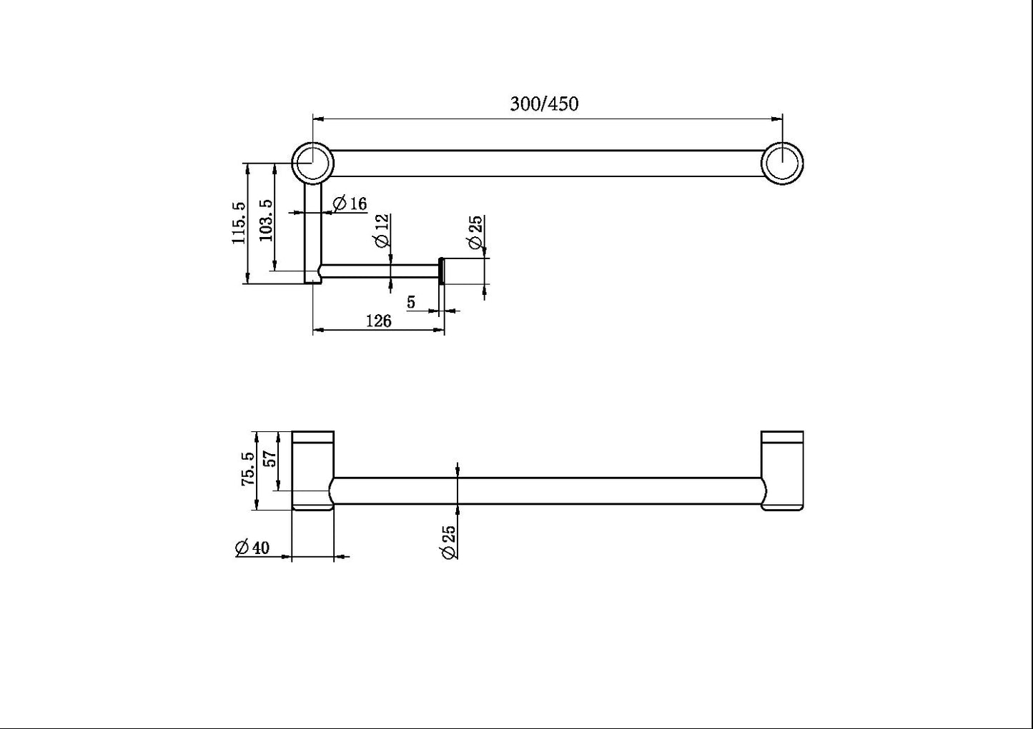 MECCA CARE 25MM TOILET ROLL RAIL 300/450MM CHROME
