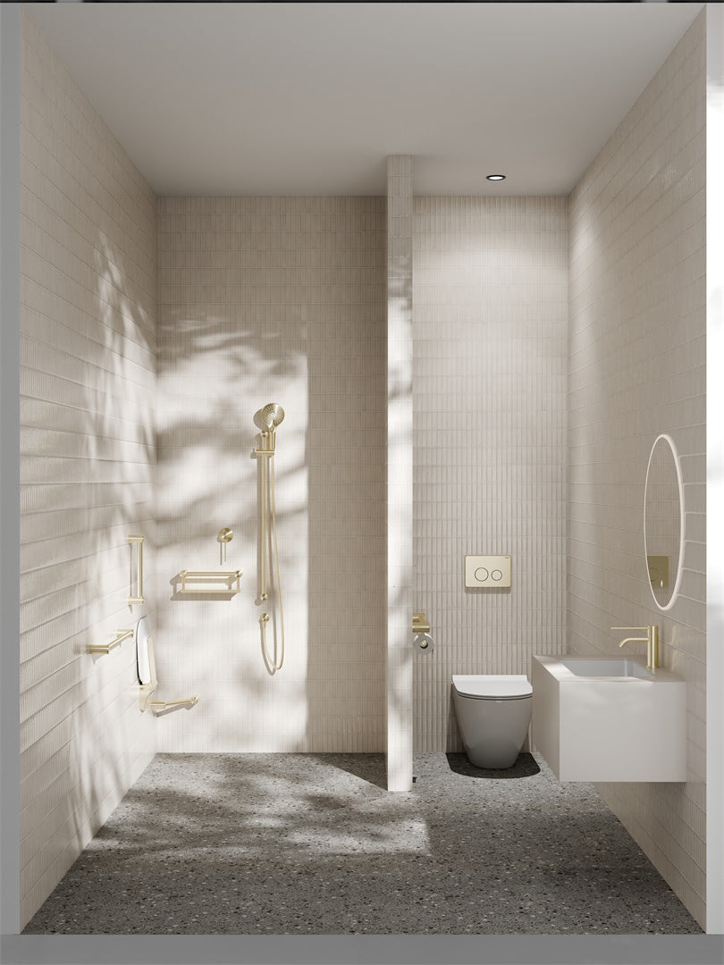 MECCA CARE 25MM GRAB RAIL WITH SHELF 300/450MM BRUSHED GOLD