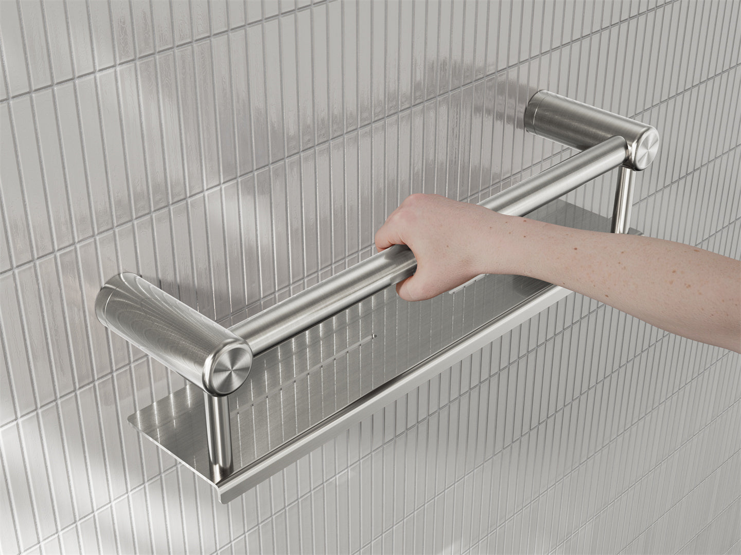 MECCA CARE 25MM GRAB RAIL WITH SHELF 300/450MM BRUSHED NICKEL