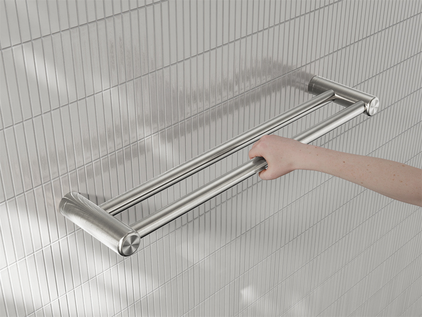 MECCA CARE 25MM DOUBLE TOWEL GRAB RAIL 600/900MM BRUSHED NICKEL