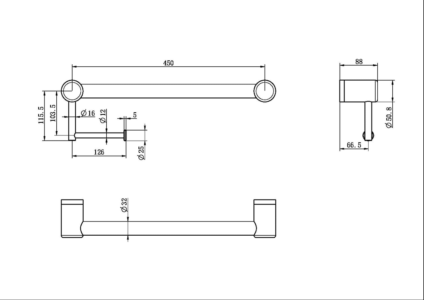 MECCA CARE 32MM GRAB RAIL WITH TOILET ROLL HOLDER 450MM BRUSHED GOLD