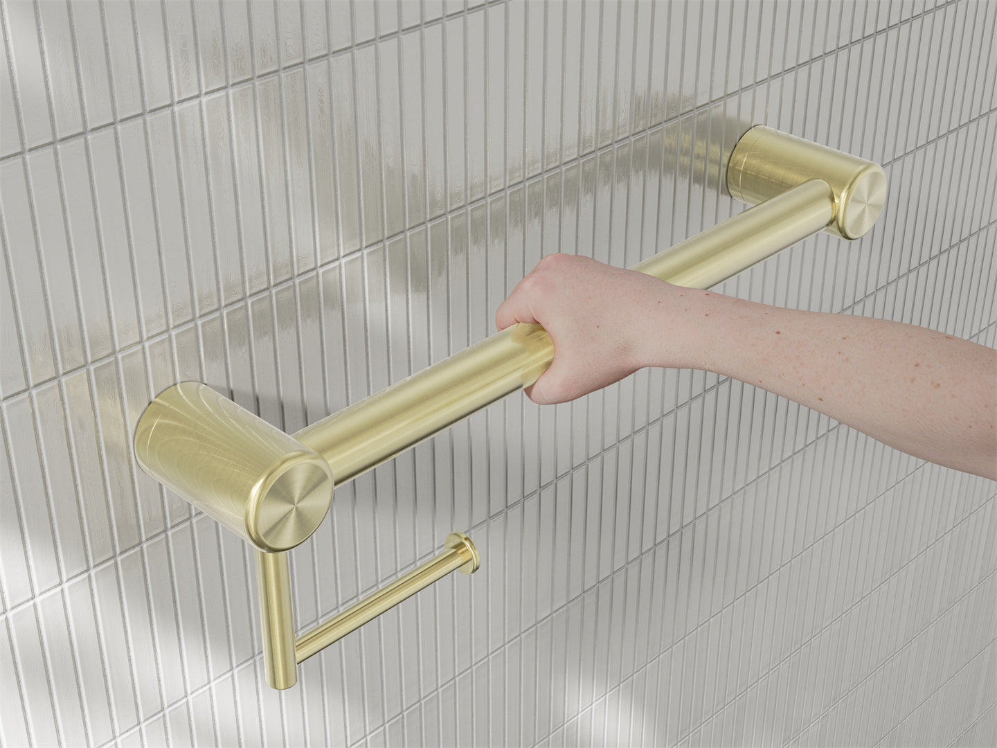 MECCA CARE 32MM GRAB RAIL WITH TOILET ROLL HOLDER 450MM BRUSHED GOLD