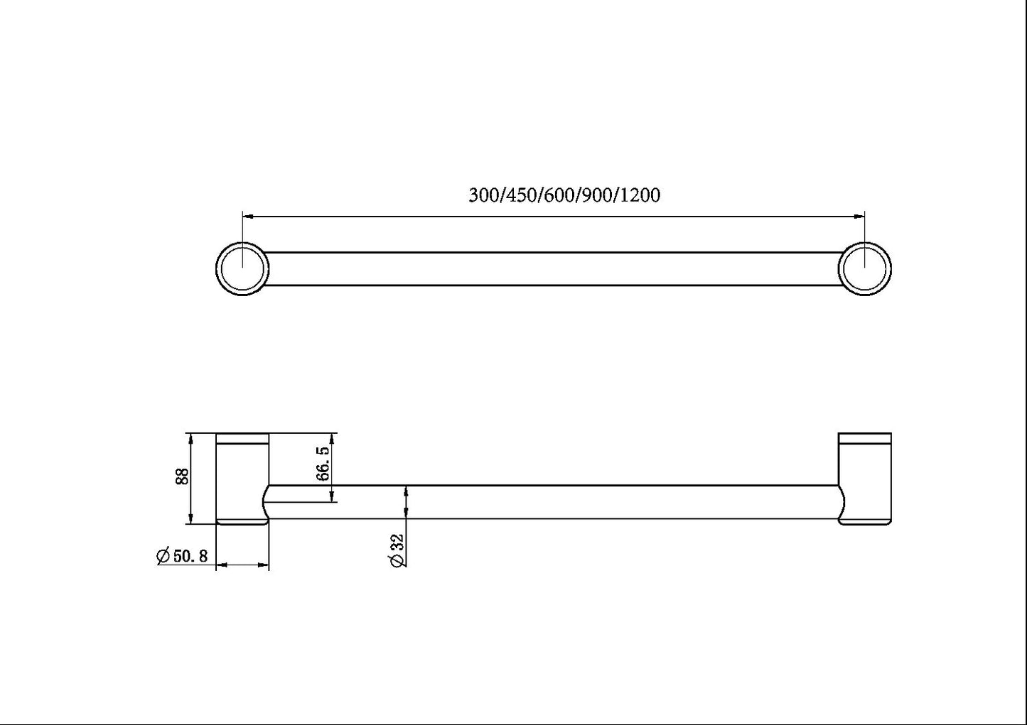 MECCA CARE 32MM GRAB RAIL 300/450/600/900/1200MM BRUSHED NICKEL