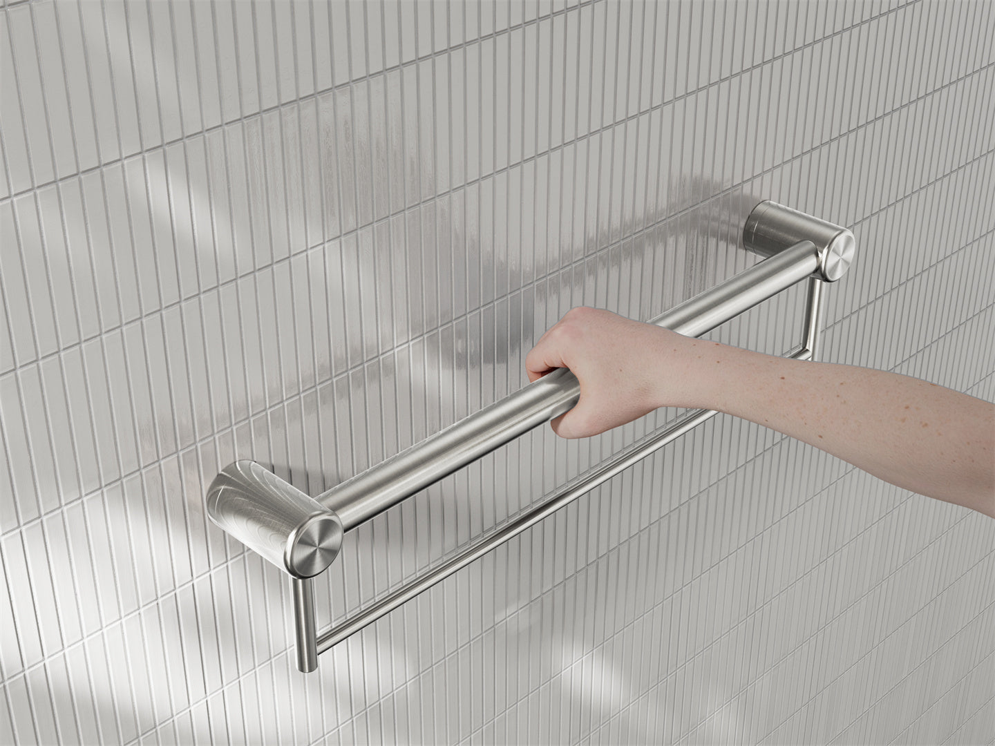 MECCA CARE 32MM GRAB RAIL WITH TOWEL HOLDER 300/600/900MM BRUSHED NICKEL