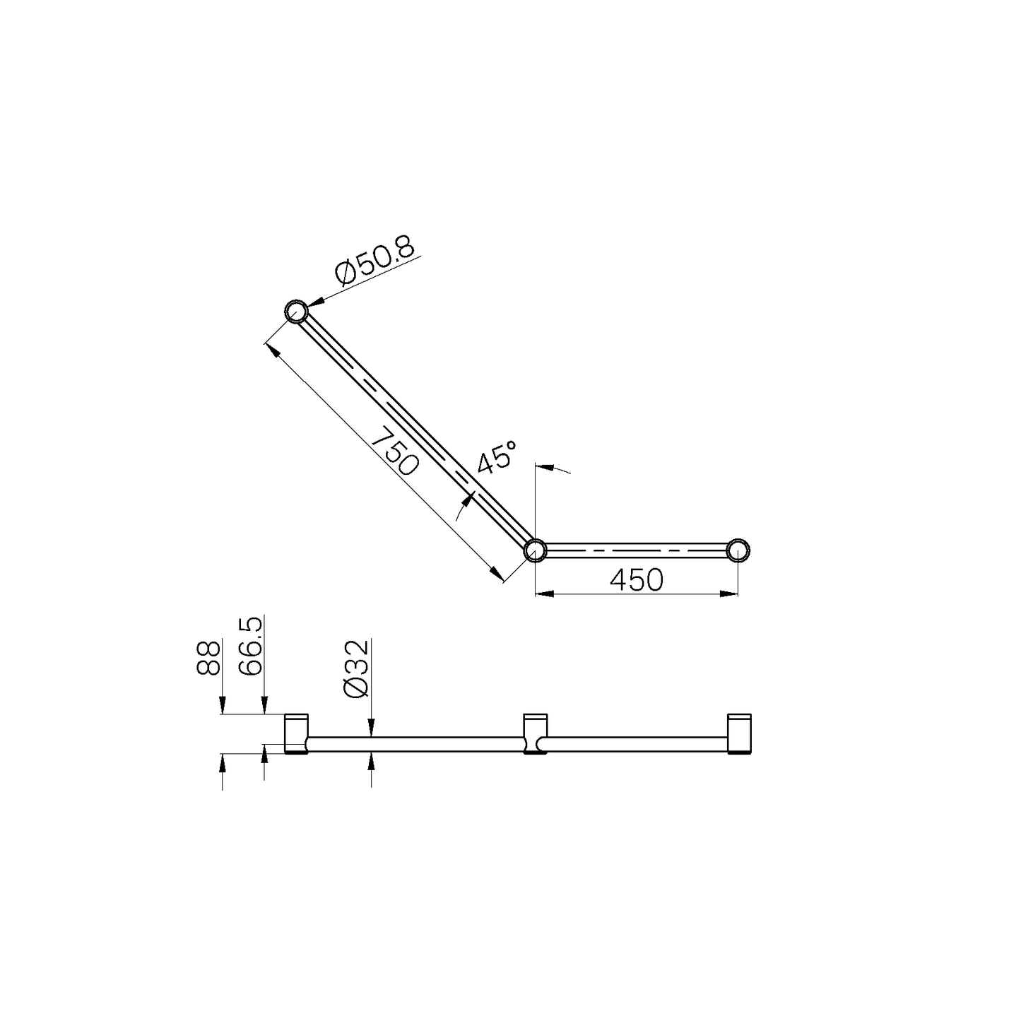 MECCA CARE 32MM AMBULANT TOILET GRAB RAIL 45 DEGREE 750X450MM MATTE BLACK