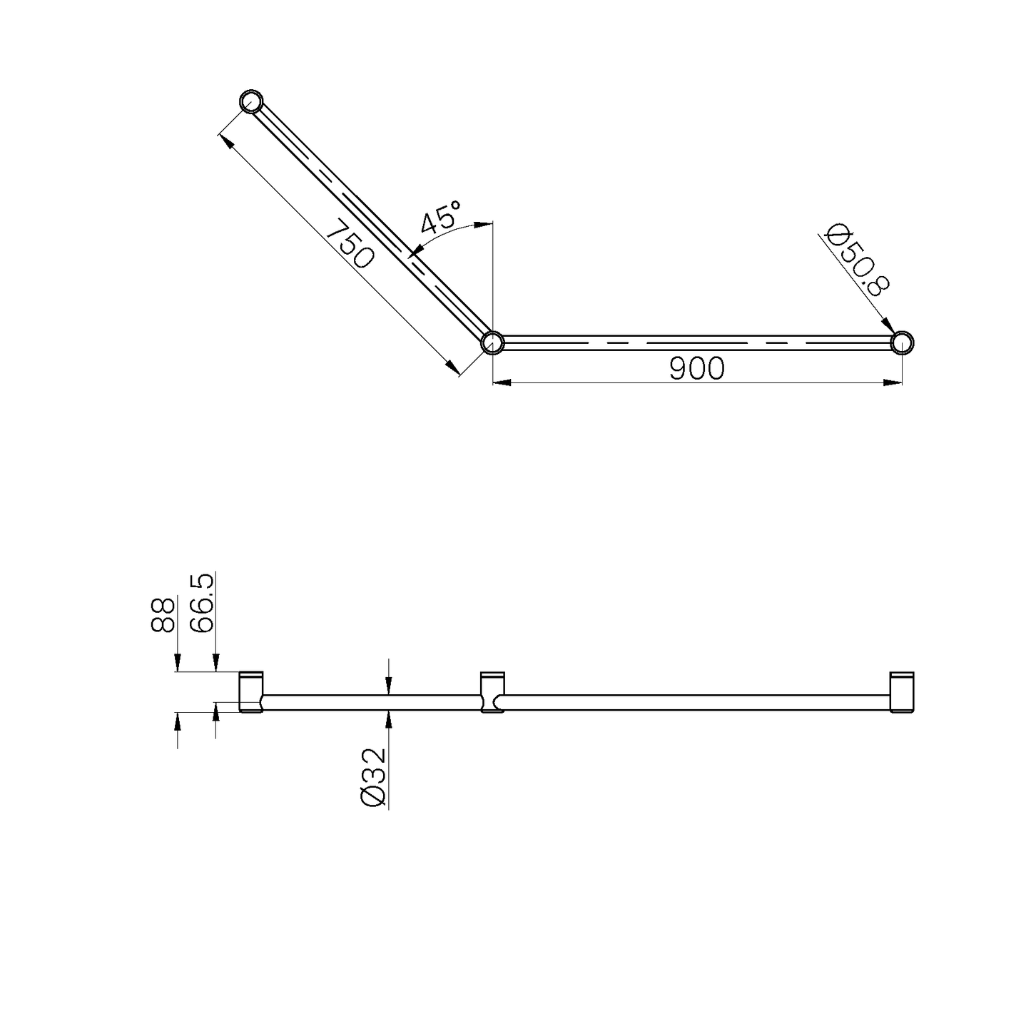 MECCA CARE 32MM DDA ACCESSIBLE TOILET GRAB RAIL SET 45 DEGREE 750X900MM MATTE BLACK