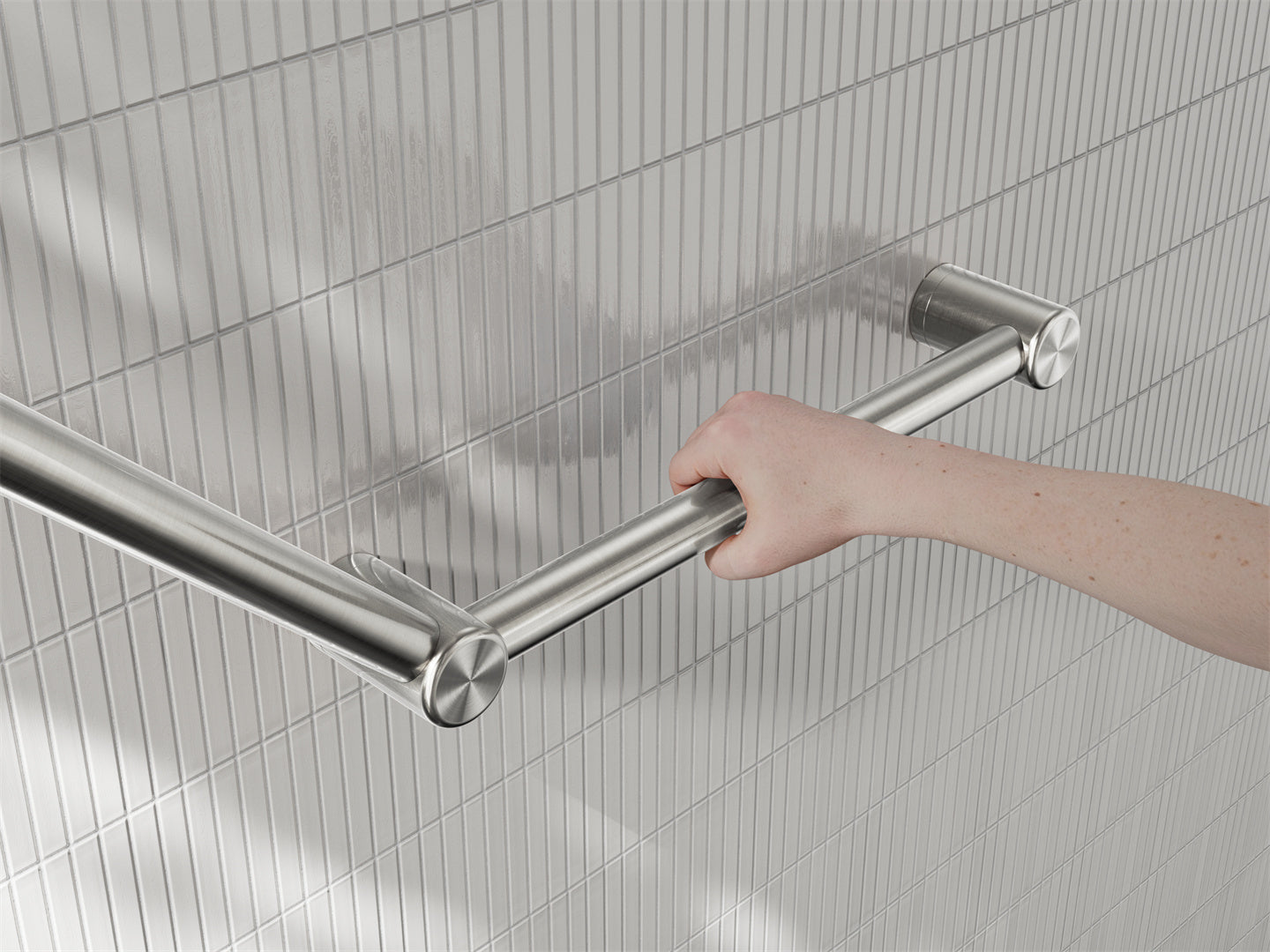 MECCA CARE 32MM AMBULANT TOILET GRAB RAIL 45 DEGREE 750X450MM BRUSHED NICKEL