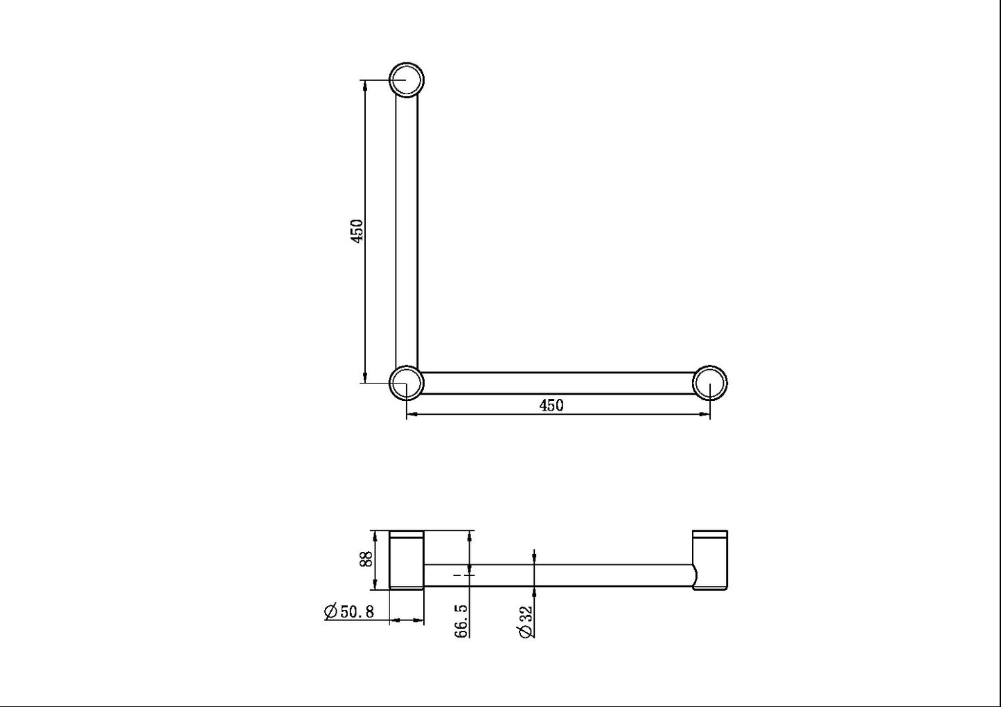 MECCA CARE 32MM AMBULANT TOILET GRAB RAIL 90 DEGREE 450X450MM MATTE BLACK