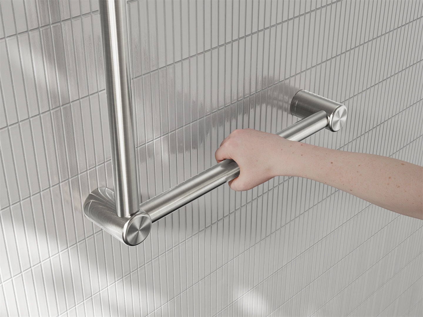 MECCA CARE 32MM AMBULANT TOILET GRAB RAIL 90 DEGREE 450X450MM BRUSHED NICKEL