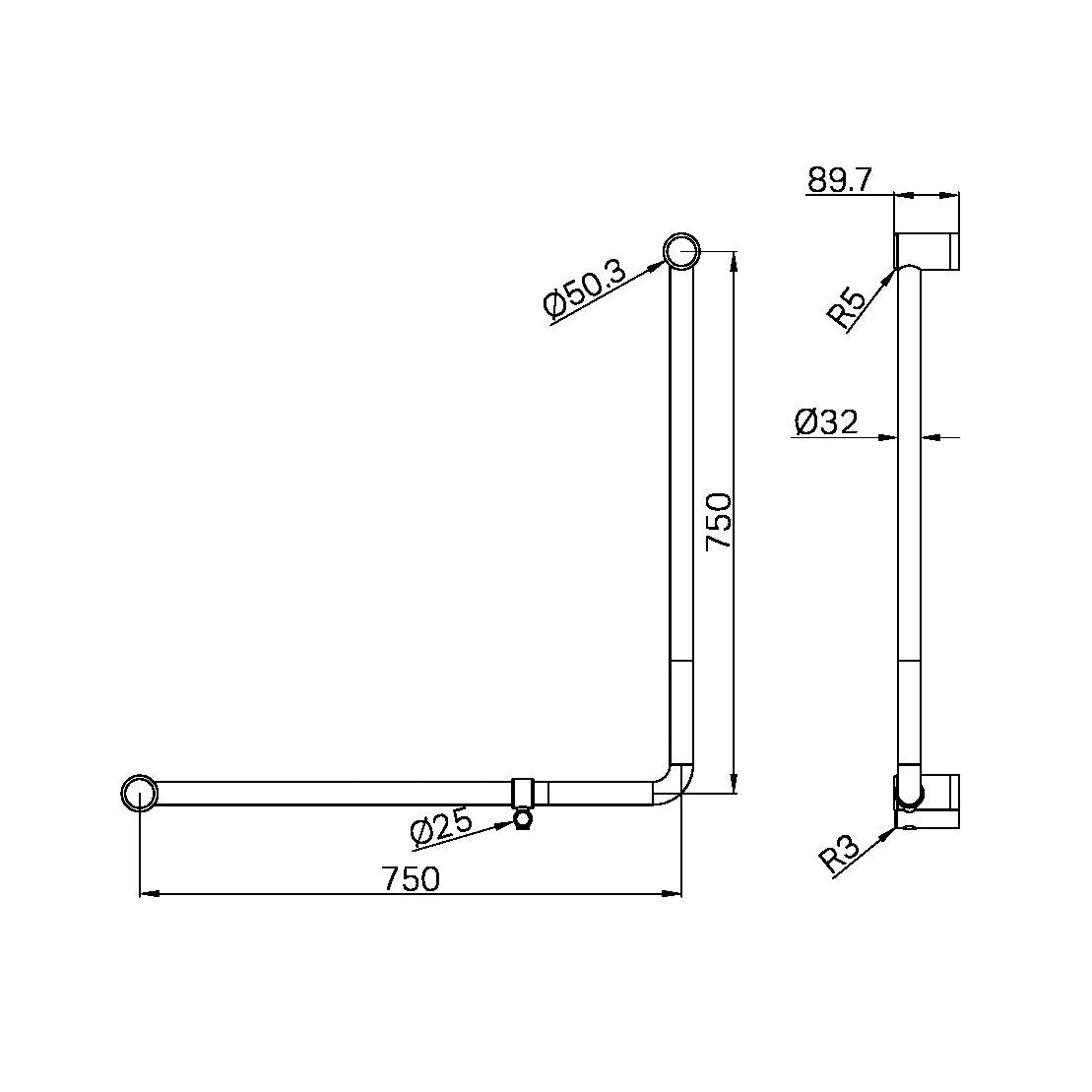 MECCA CARE 32MM 90 DEGREE NZ4121 ACCESSIBLE TOILET GRAB RAIL 750X750MM BRUSHED NICKEL