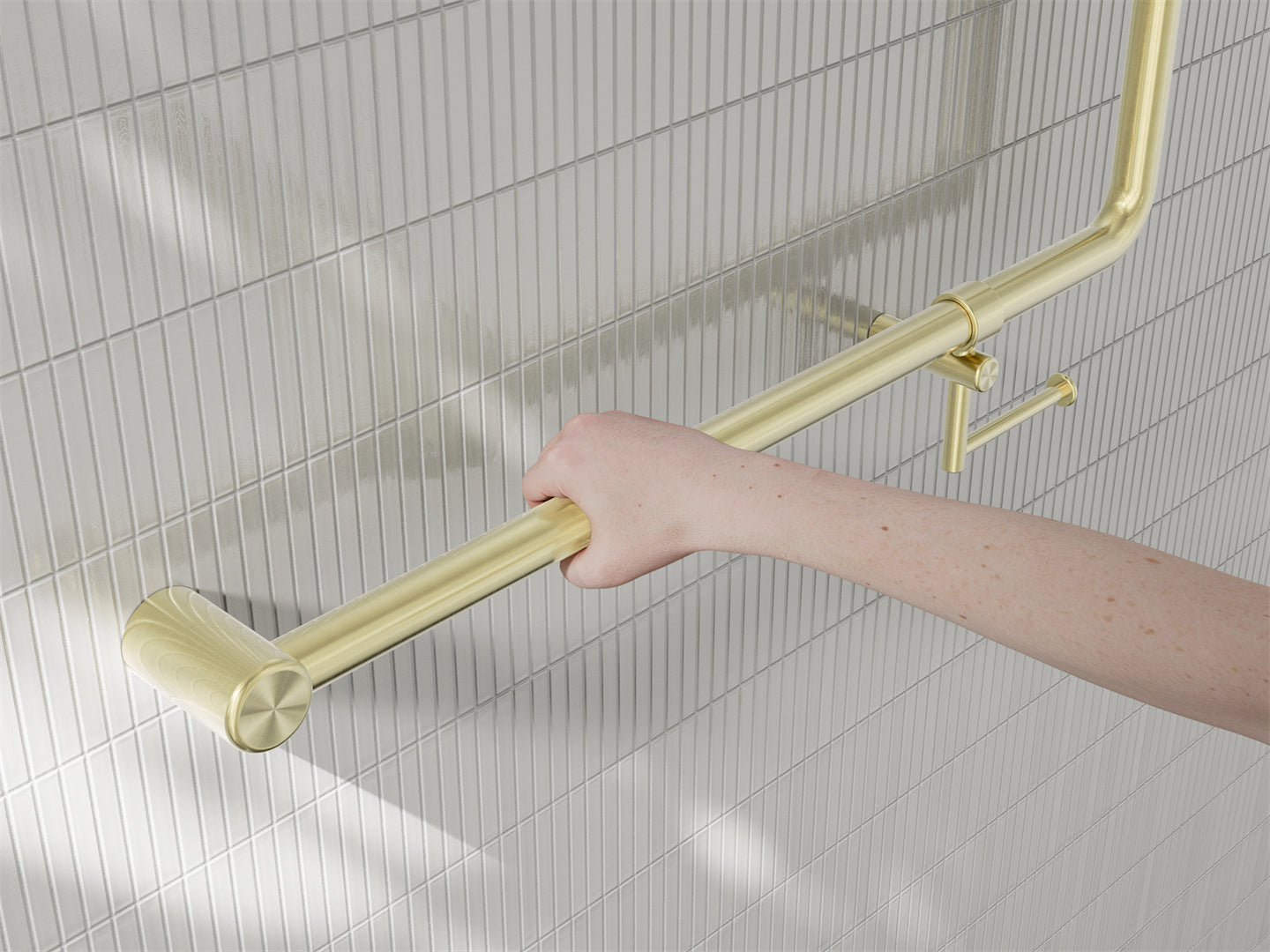 MECCA CARE 32MM 90 DEGREE NZ4121 ACCESSIBLE TOILET GRAB RAIL 750X750MM WITH TOILET ROLL HOLDER BRUSHED GOLD