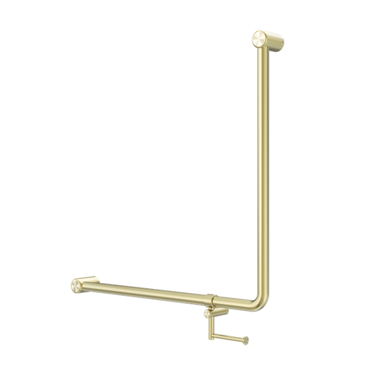 MECCA CARE 32MM 90 DEGREE NZ4121 ACCESSIBLE TOILET GRAB RAIL 750X750MM WITH TOILET ROLL HOLDER BRUSHED GOLD