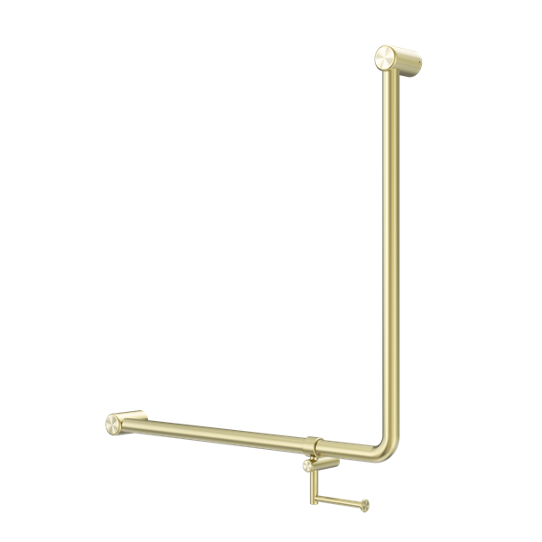 MECCA CARE 32MM 90 DEGREE NZ4121 ACCESSIBLE TOILET GRAB RAIL 750X750MM WITH TOILET ROLL HOLDER BRUSHED GOLD
