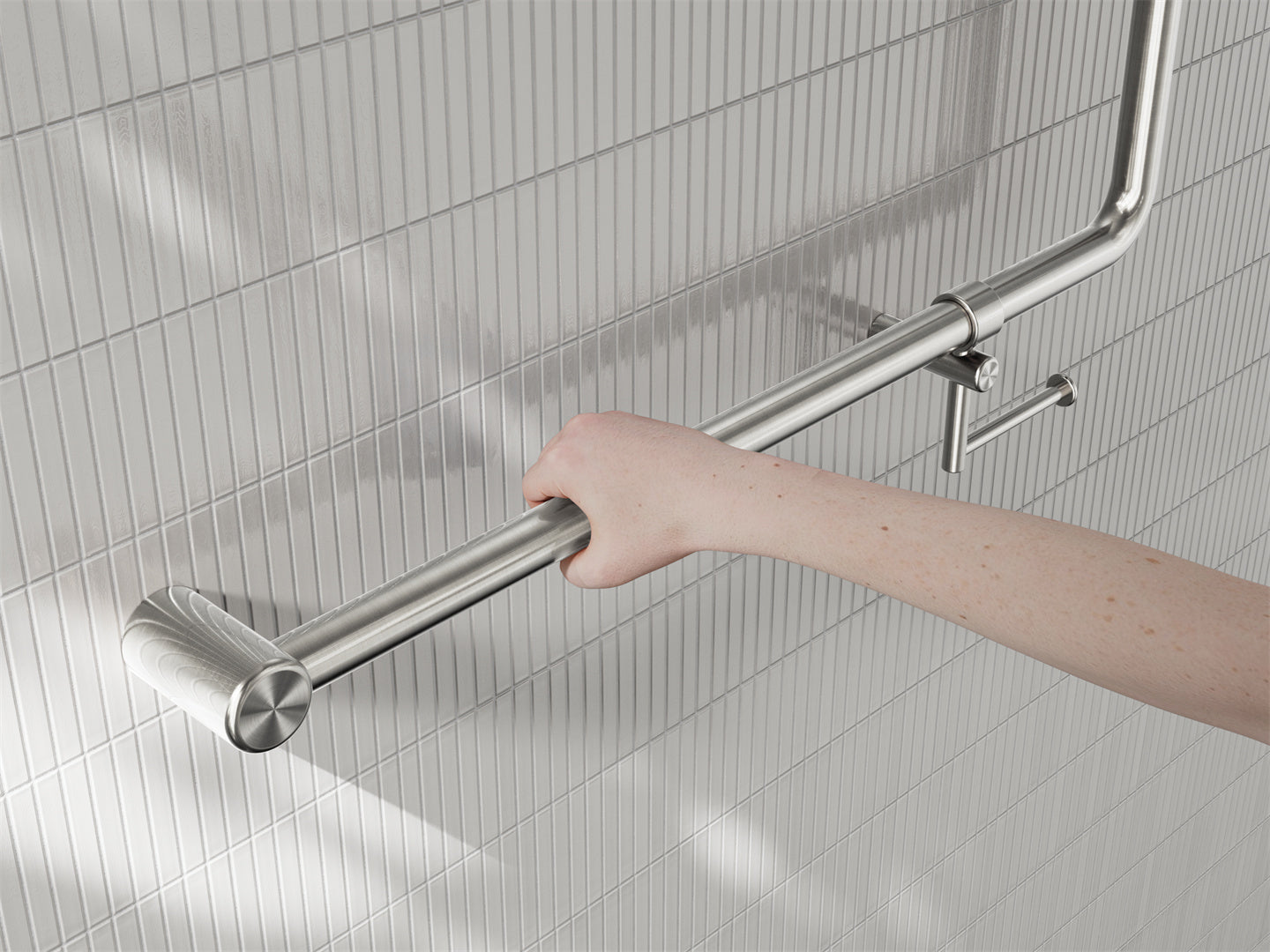 MECCA CARE 32MM 90 DEGREE NZ4121 ACCESSIBLE TOILET GRAB RAIL 750X750MM WITH TOILET ROLL HOLDER BRUSHED NICKEL