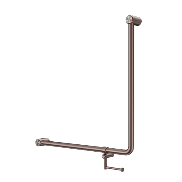 MECCA CARE 32MM 90 DEGREE NZ4121 ACCESSIBLE TOILET GRAB RAIL 750X750MM WITH TOILET ROLL HOLDER BRUSHED BRONZE