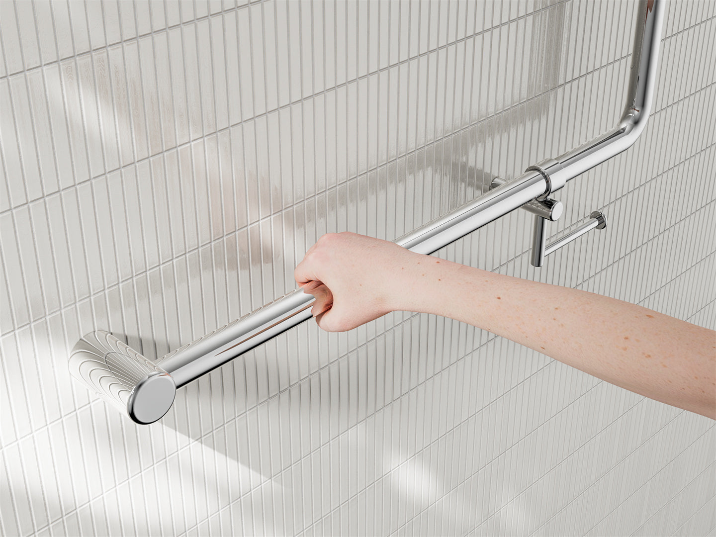 MECCA CARE 32MM 90 DEGREE NZ4121 ACCESSIBLE TOILET GRAB RAIL 750X750MM WITH TOILET ROLL HOLDER CHROME