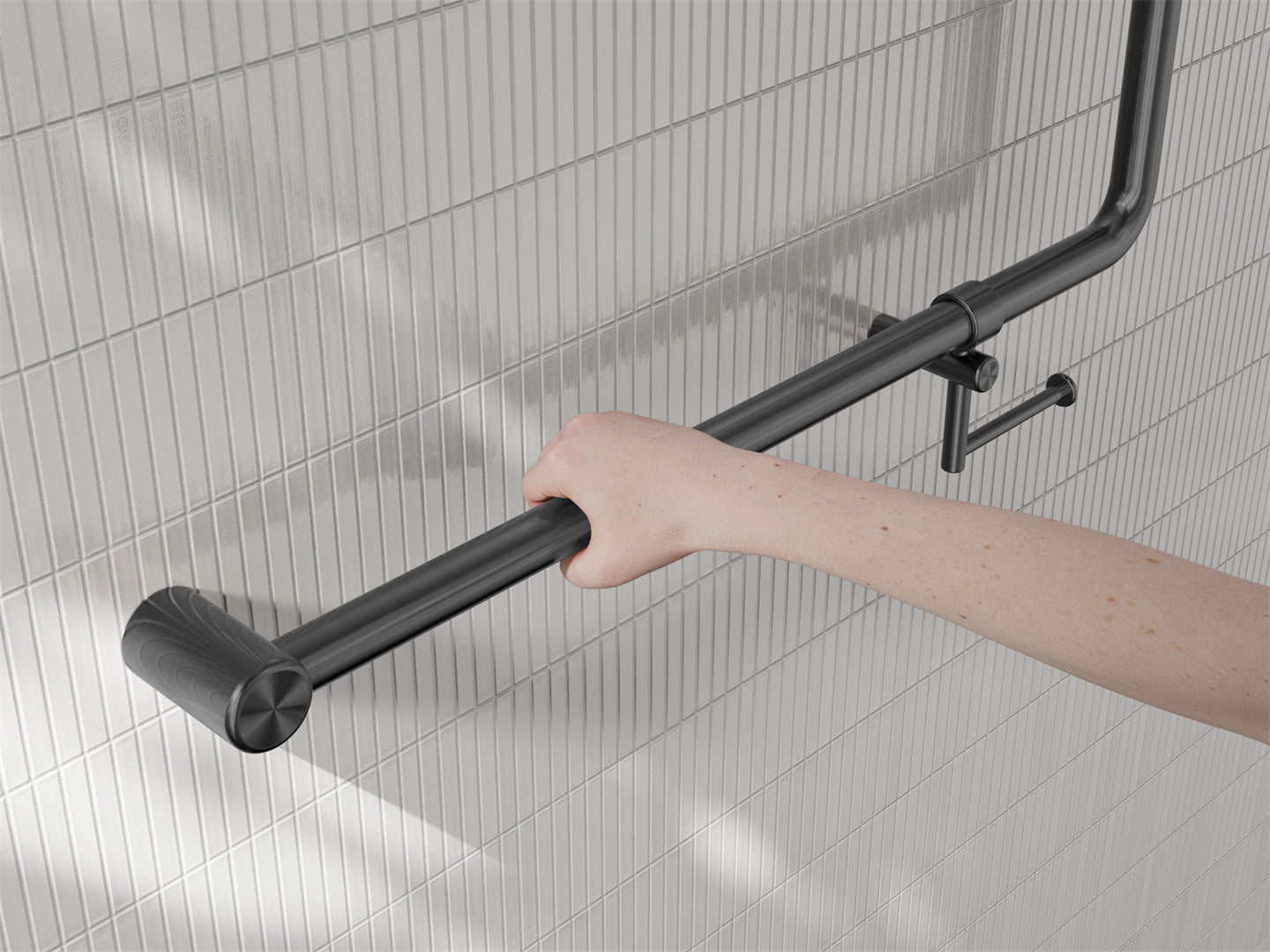 MECCA CARE 32MM 90 DEGREE NZ4121 ACCESSIBLE TOILET GRAB RAIL 750X750MM WITH TOILET ROLL HOLDER GUN METAL