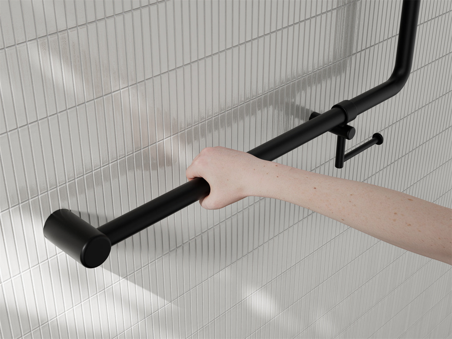 MECCA CARE 32MM 90 DEGREE NZ4121 ACCESSIBLE TOILET GRAB RAIL 750X750MM WITH TOILET ROLL HOLDER MATTE BLACK