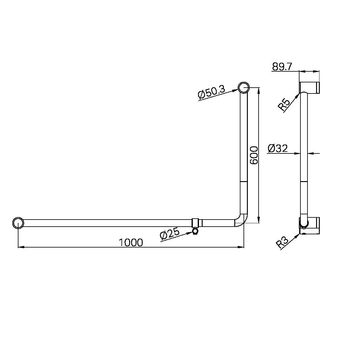 MECCA CARE 32MM DDA ACCESSIBLE TOILET 90 DEGREE BENT TUBE GRAB RAIL 600X1000MM GUN METAL