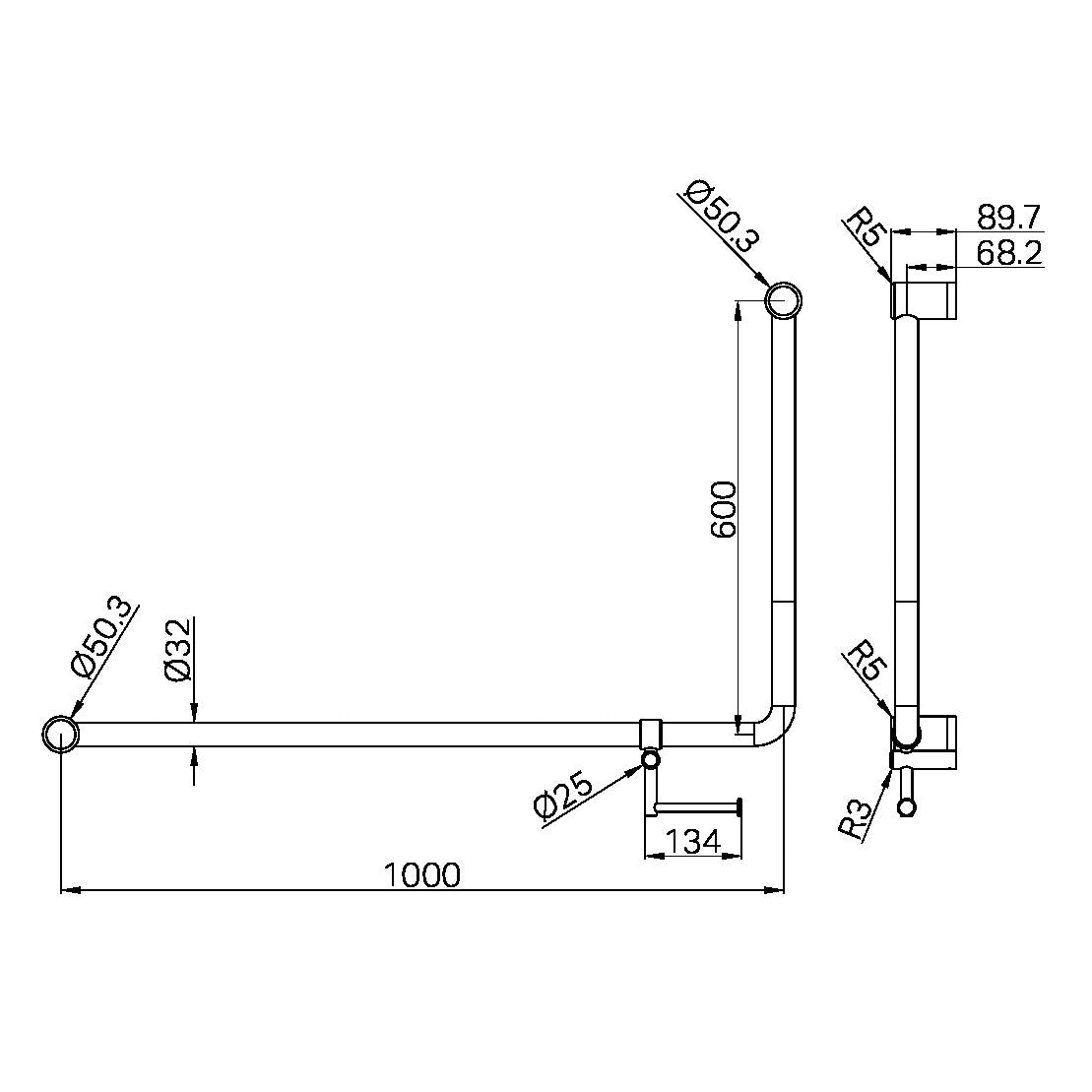 MECCA CARE 32MM DDA ACCESSIBLE TOILET 90 DEGREE BENT TUBE GRAB RAIL 600X1000MM WITH TOILET ROLL HOLDER BRUSHED BRONZE