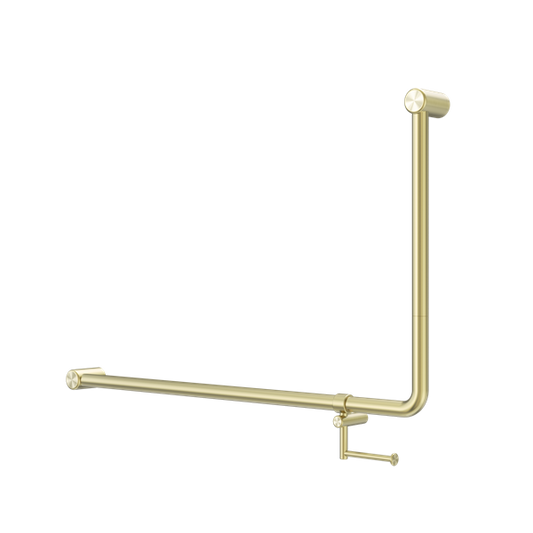 MECCA CARE 32MM DDA ACCESSIBLE TOILET 90 DEGREE BENT TUBE GRAB RAIL 600X1000MM WITH TOILET ROLL HOLDER BRUSHED GOLD