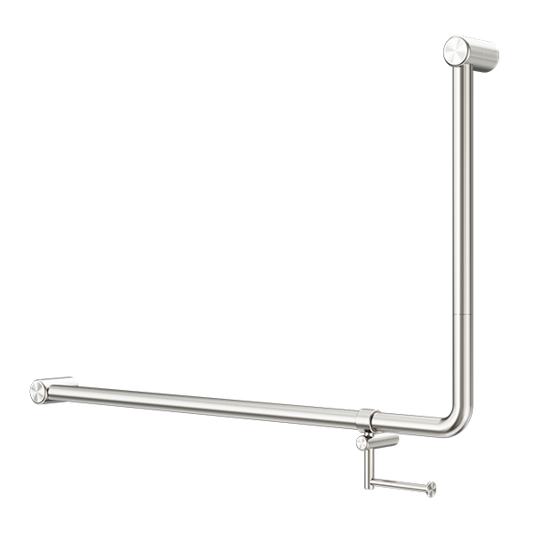MECCA CARE 32MM DDA ACCESSIBLE TOILET 90 DEGREE BENT TUBE GRAB RAIL 600X1000MM WITH TOILET ROLL HOLDER BRUSHED NICKEL