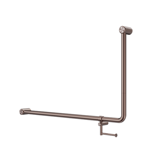 MECCA CARE 32MM DDA ACCESSIBLE TOILET 90 DEGREE BENT TUBE GRAB RAIL 600X1000MM WITH TOILET ROLL HOLDER BRUSHED BRONZE