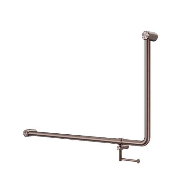 MECCA CARE 32MM DDA ACCESSIBLE TOILET 90 DEGREE BENT TUBE GRAB RAIL 600X1000MM WITH TOILET ROLL HOLDER BRUSHED BRONZE