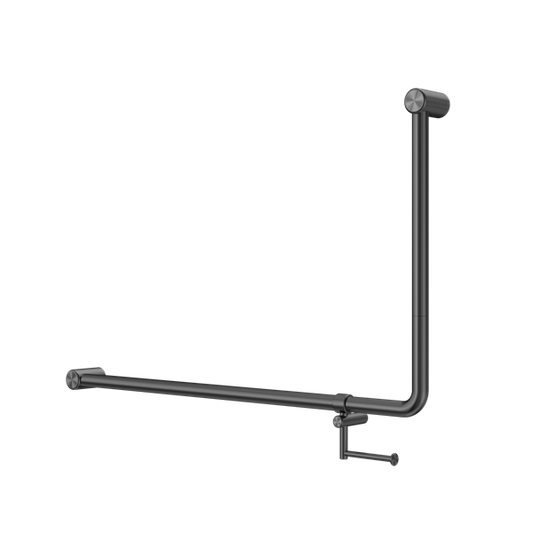 MECCA CARE 32MM DDA ACCESSIBLE TOILET 90 DEGREE BENT TUBE GRAB RAIL 600X1000MM WITH TOILET ROLL HOLDER GUN METAL