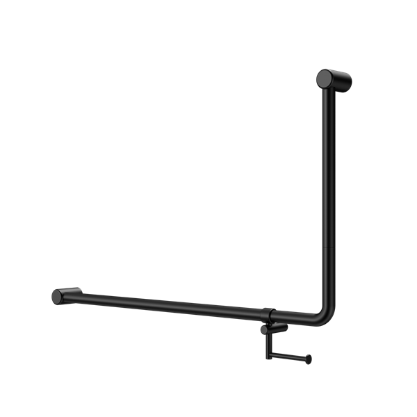 MECCA CARE 32MM DDA ACCESSIBLE TOILET 90 DEGREE BENT TUBE GRAB RAIL 600X1000MM WITH TOILET ROLL HOLDER MATTE BLACK