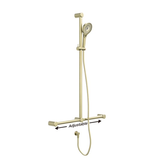 MECCA CARE 32MM T BAR GRAB RAIL AND ADJUSTABLE SHOWER SET 1100X750MM BRUSHED GOLD