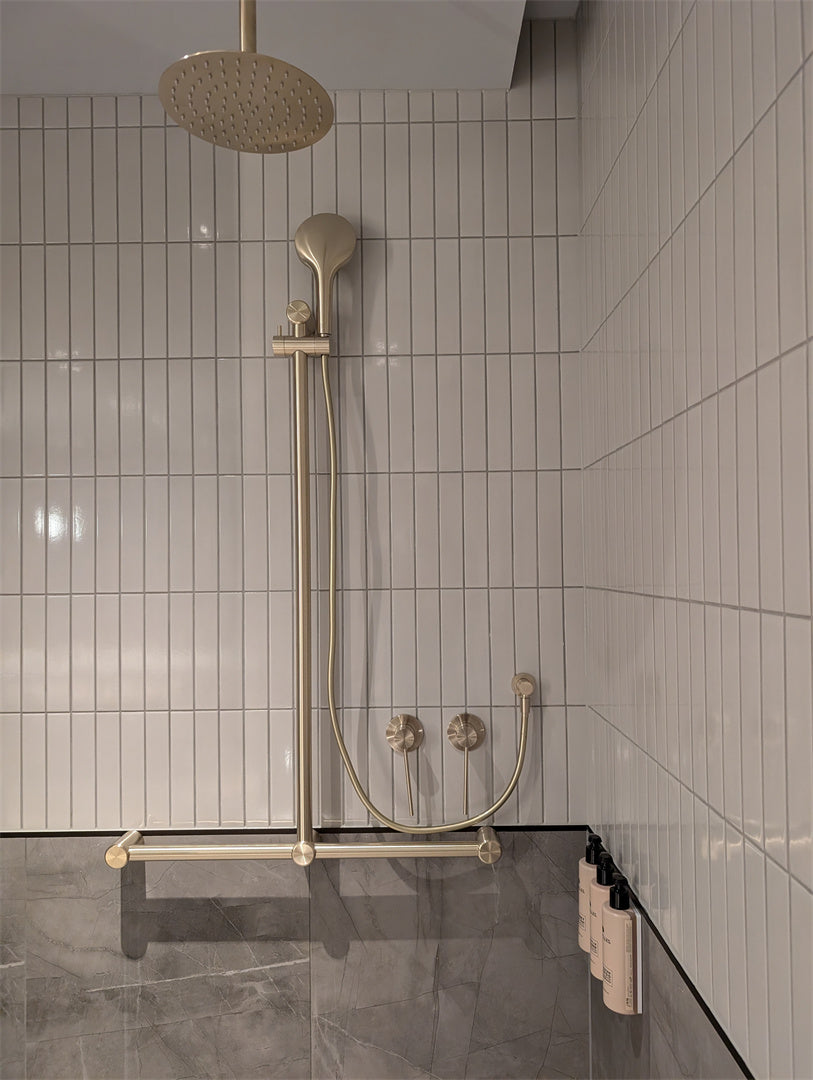 MECCA CARE 32MM T BAR GRAB RAIL AND ADJUSTABLE SHOWER SET 1100X750MM BRUSHED GOLD