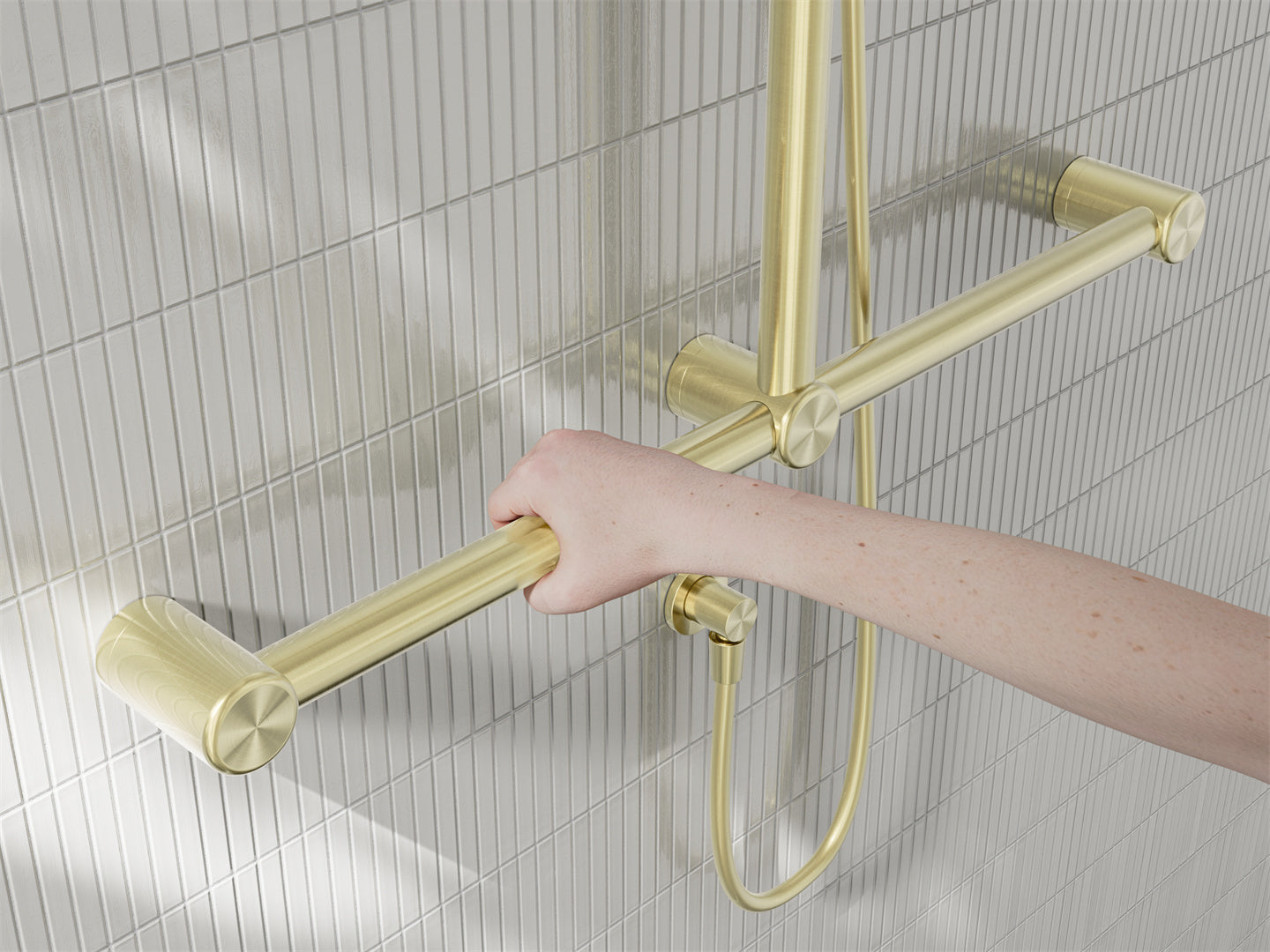 MECCA CARE 32MM T BAR GRAB RAIL AND ADJUSTABLE SHOWER SET 1100X750MM BRUSHED GOLD