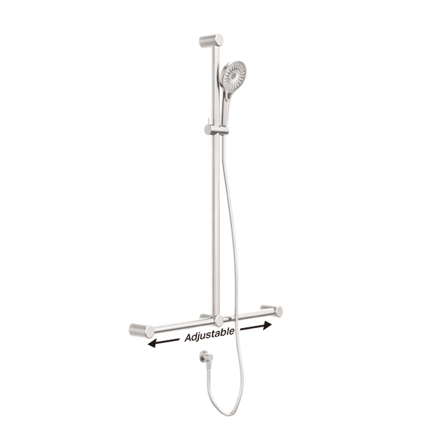 MECCA CARE 32MM T BAR GRAB RAIL AND ADJUSTABLE SHOWER SET 1100X750MM BRUSHED NICKEL