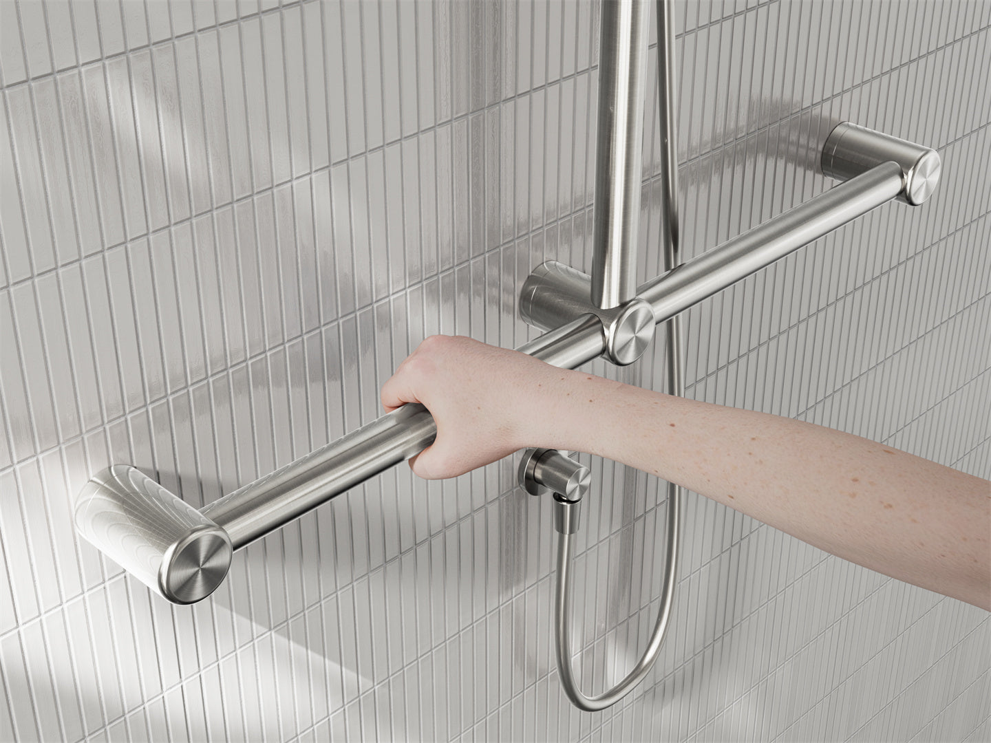 MECCA CARE 32MM T BAR GRAB RAIL AND ADJUSTABLE SHOWER SET 1100X750MM BRUSHED NICKEL