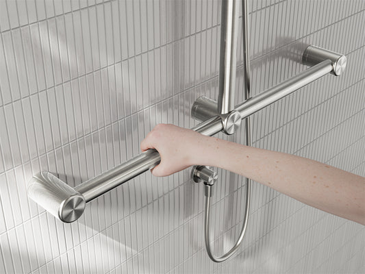 MECCA CARE 32MM T BAR GRAB RAIL AND ADJUSTABLE SHOWER SET 1100X750MM BRUSHED NICKEL