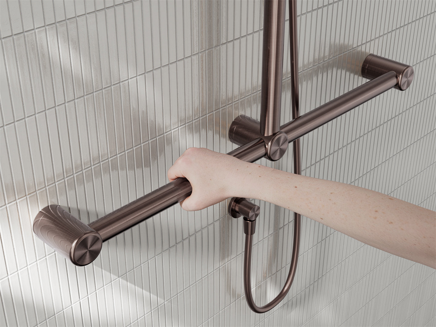 MECCA CARE 32MM T BAR GRAB RAIL AND ADJUSTABLE SHOWER SET 1100X750MM BRUSHED BRONZE