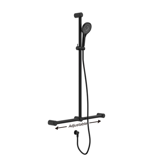 MECCA CARE 32MM T BAR GRAB RAIL AND ADJUSTABLE SHOWER SET 1100X750MM MATTE BLACK