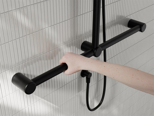 MECCA CARE 32MM T BAR GRAB RAIL AND ADJUSTABLE SHOWER SET 1100X750MM MATTE BLACK