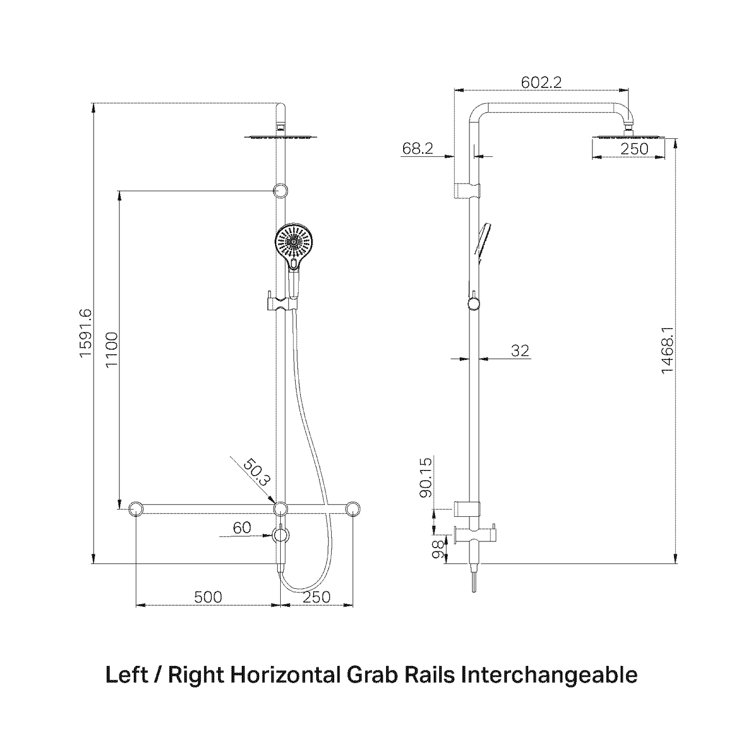 MECCA CARE 32MM T BAR GRAB RAIL 1100X750MM TWIN SHOWER SET BRUSHED BRONZE