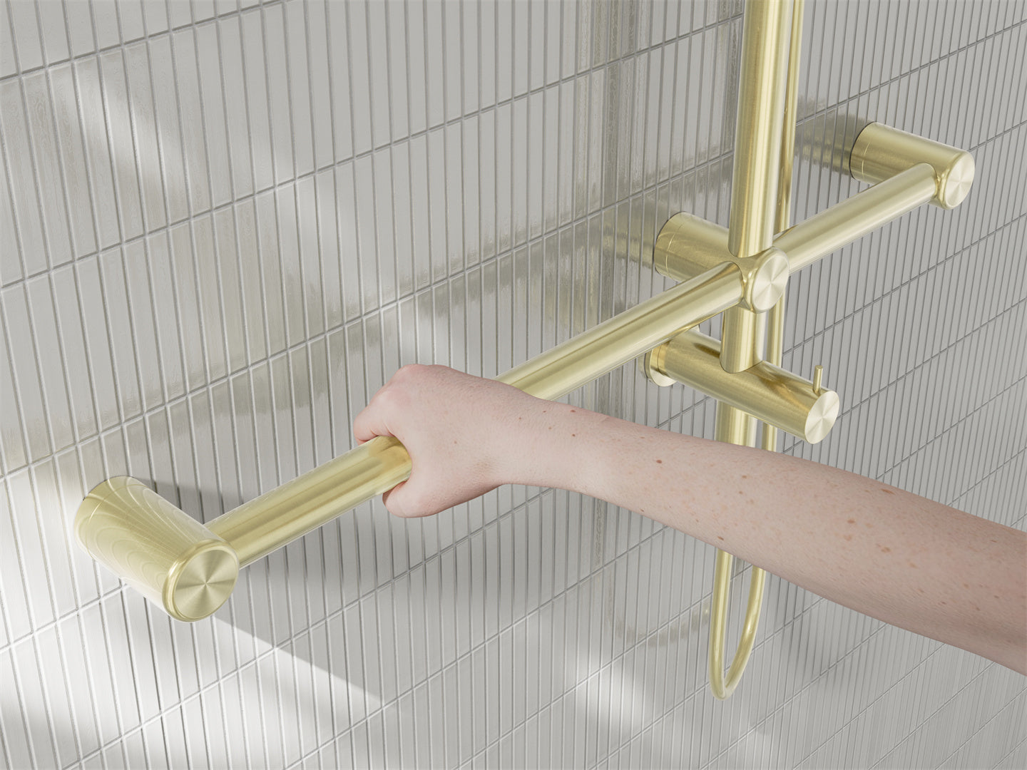 MECCA CARE 32MM T BAR GRAB RAIL 1100X750MM TWIN SHOWER SET BRUSHED GOLD