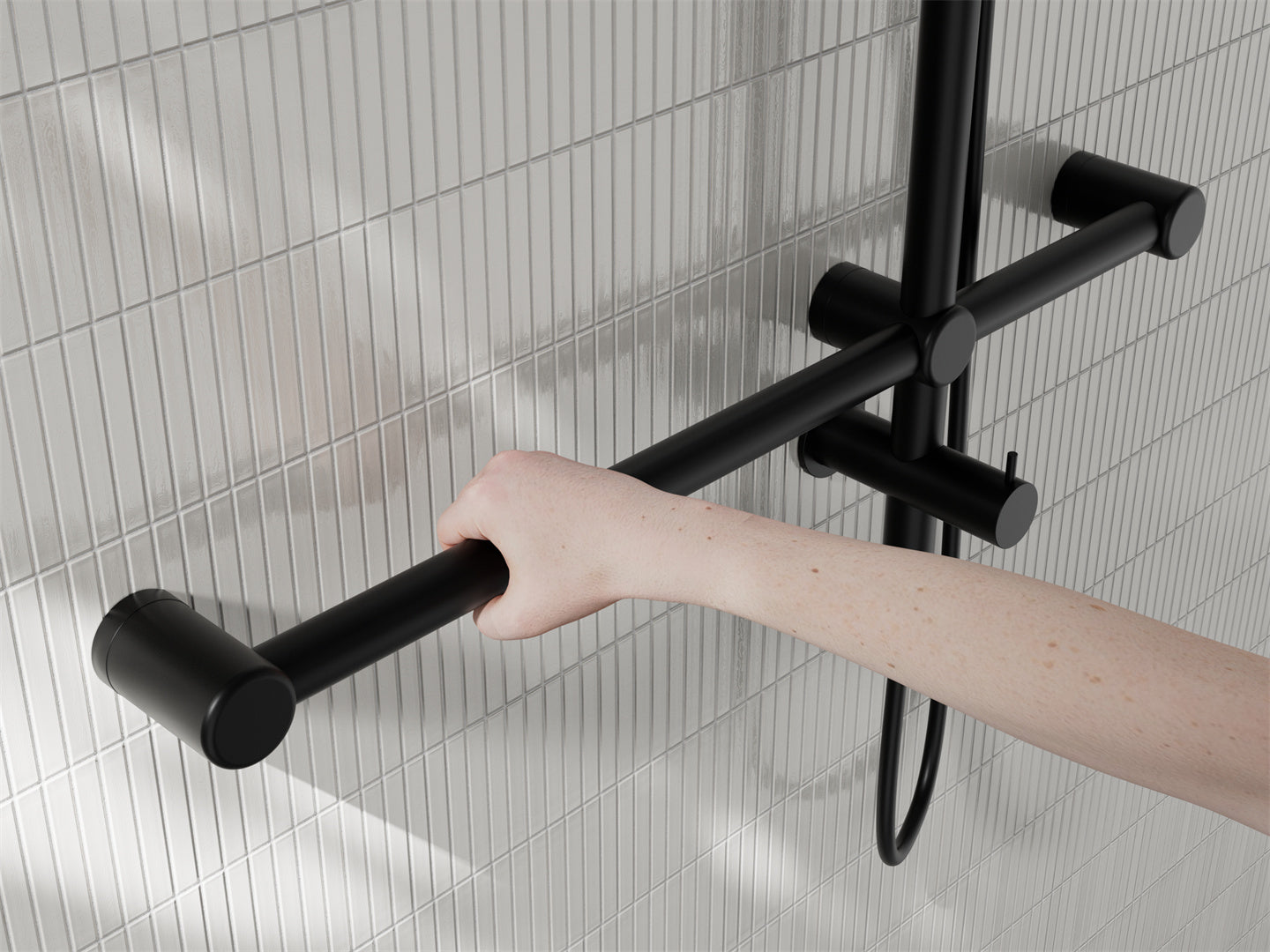 MECCA CARE 32MM T BAR GRAB RAIL 1100X750MM TWIN SHOWER SET MATTE BLACK
