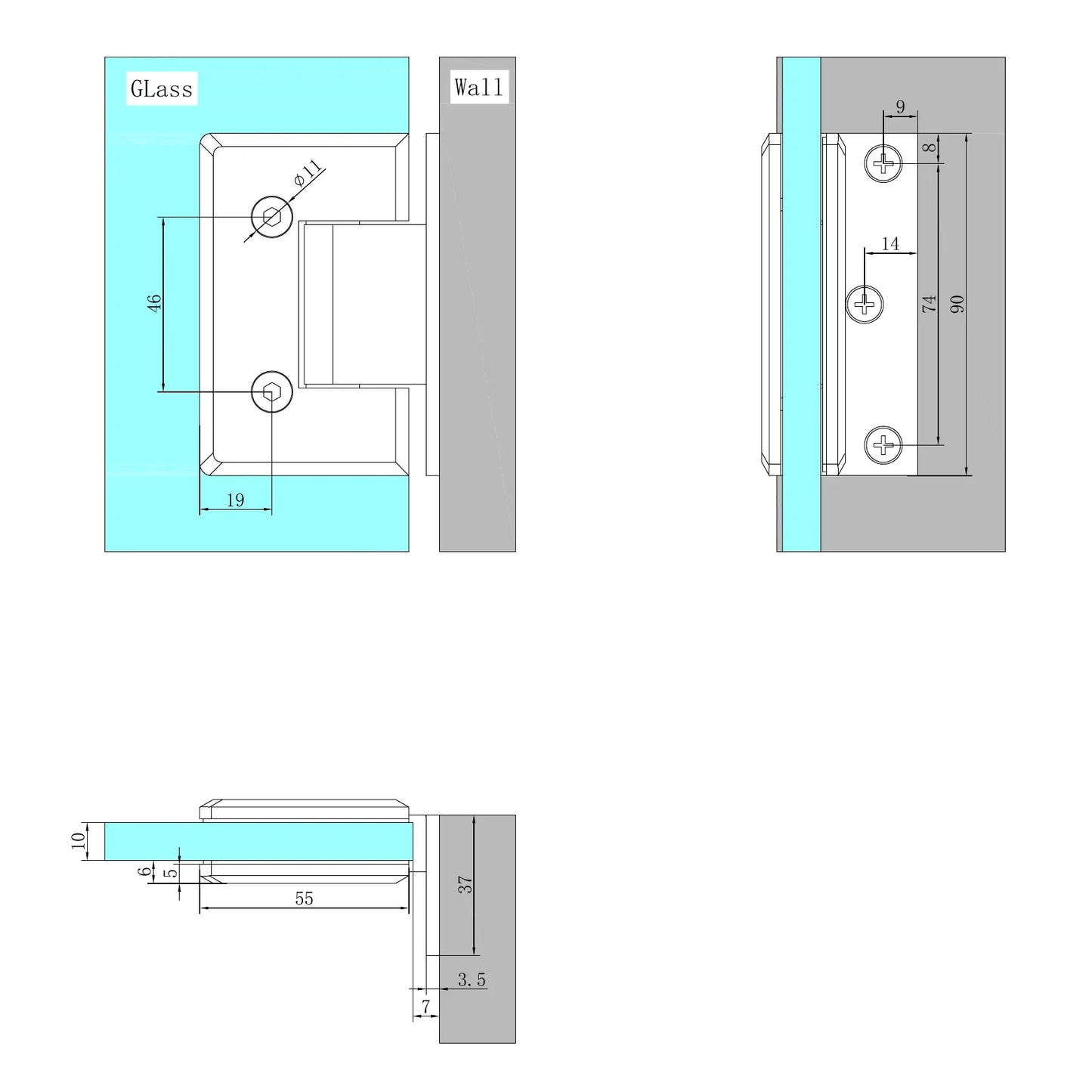 90 DEGREE GLASS TO WALL SHOWER HINGE 10MM GLASS GUN METAL