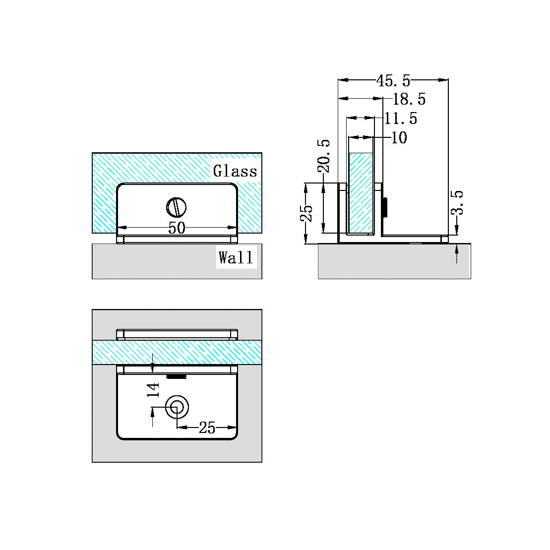 SHOWER F BRACKET 10MM GLASS MATTE BLACK