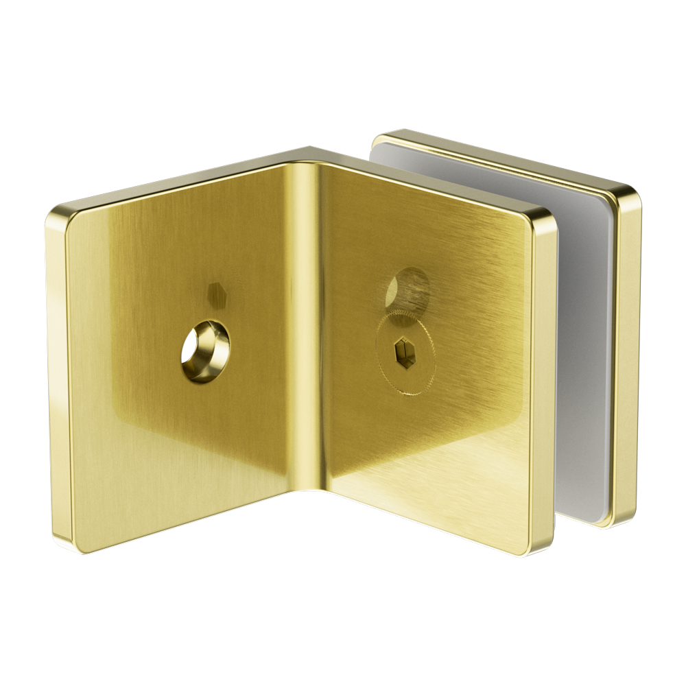 90 DEGREE GLASS TO WALL BRACKET 10MM GLASS BRUSHED GOLD